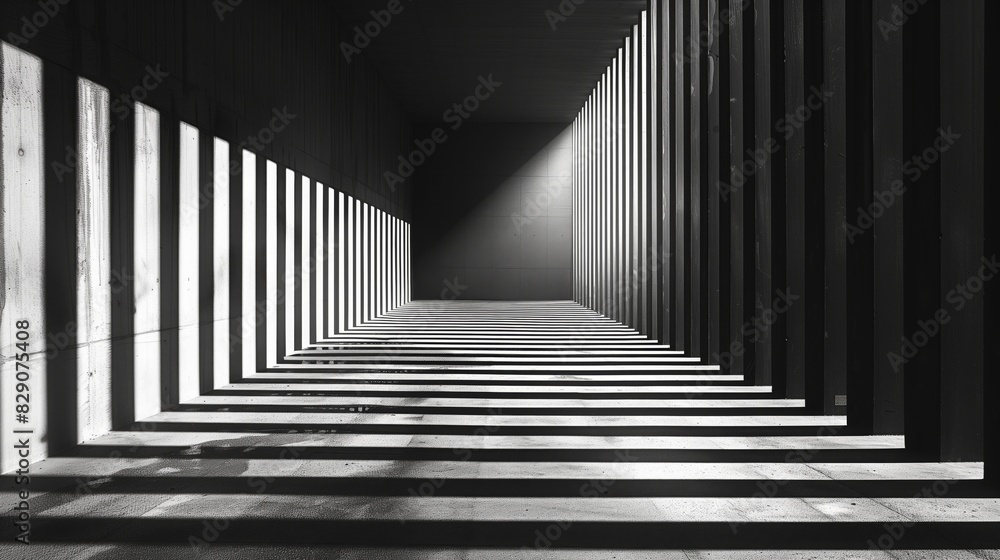 A black and white long hallway with parallel lines stretching into the distance A black and white long hallway with parallel lines stretching into the distance