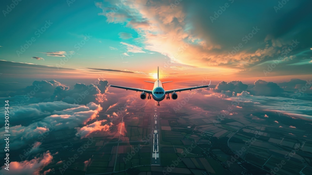 Naklejka premium Airplane photographs of a nature background with a sunrise blue sky and clouds