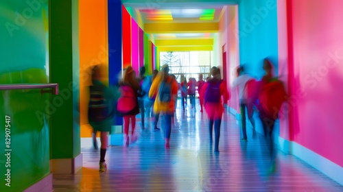 A group of children are walking down a hallway with colorful walls. The hallway is filled with people and the colors are bright and vibrant. Scene is lively and energetic photo