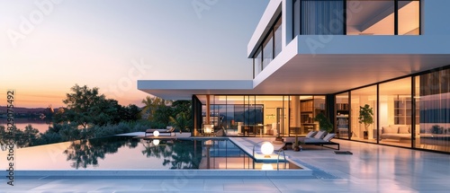 Luxurious modern house with floor, windows beside a sleek pool