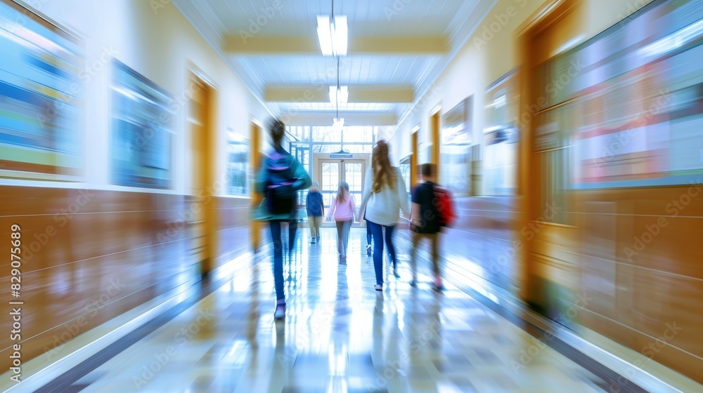 A group of children are running down a hallway. The children are wearing different colored shirts and pants. The hallway is bright and sunny, and the children are moving quickly. The scene is lively A group of children are running down a hallway. The children are wearing different colored shirts and pants. The hallway is bright and sunny, and the children are moving quickly. The scene is lively