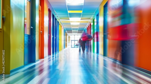 A group of children are walking down a hallway with colorful walls. The hallway is filled with people and the colors are bright and vibrant. Scene is lively and energetic