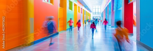 A group of children are walking down a hallway with colorful walls. The hallway is filled with people and the colors are bright and vibrant. Scene is lively and energetic photo