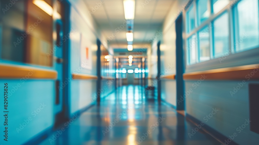 A long hallway with a blue wall and a blue floor. The hallway is empty and the light is on A long hallway with a blue wall and a blue floor. The hallway is empty and the light is on