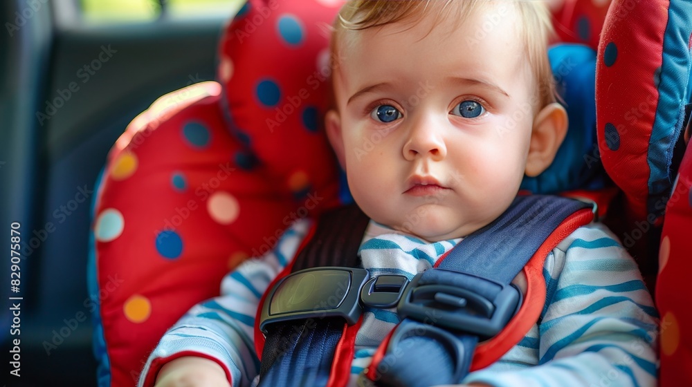 A baby is sitting in a car seat with a blue eye. The baby is looking at the camera A baby is sitting in a car seat with a blue eye. The baby is looking at the camera