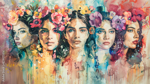 Artistic expression, faces of women with floral watercolor strokes, diversity and beauty, a tribute to women's strength and gentleness © Nastasja