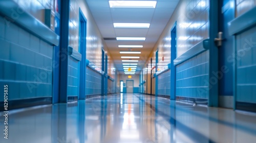 A long hallway with a blue wall and a blue floor. The hallway is empty and the light is on