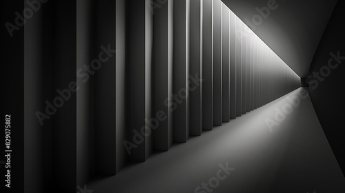 A black and white long hallway with a perspective that seems to extend endlessly