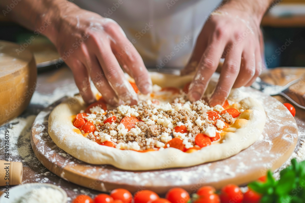 Homemade pizza with fresh ingredients on a wooden table adds a touch of homey comfort to the meal Homemade pizza with fresh ingredients on a wooden table adds a touch of homey comfort to the meal