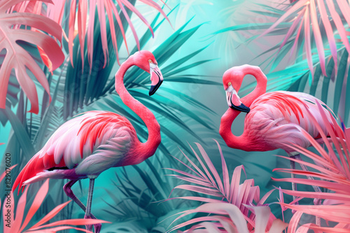Beautiful pink flamingos on a tropical and palm leaves background. Vibrant pink and aqua blue holographic colors. Modern illustration.