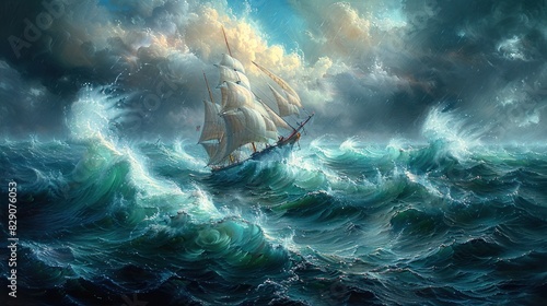 An oil painting depicting a strong storm and shipwreck in the middle of the sea