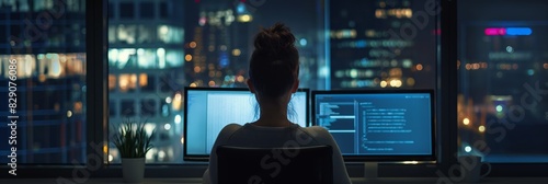 An individual is seen from behind, sitting at a desk with two computer screens in a nocturnal office setting photo