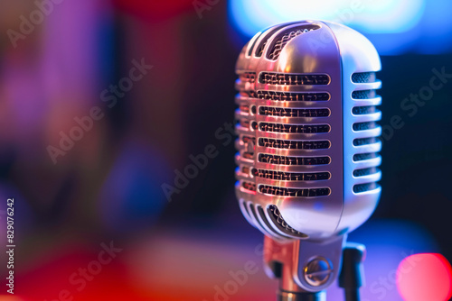Vintage microphone closeup with colorful lighting, perfect for music, broadcast, and stage