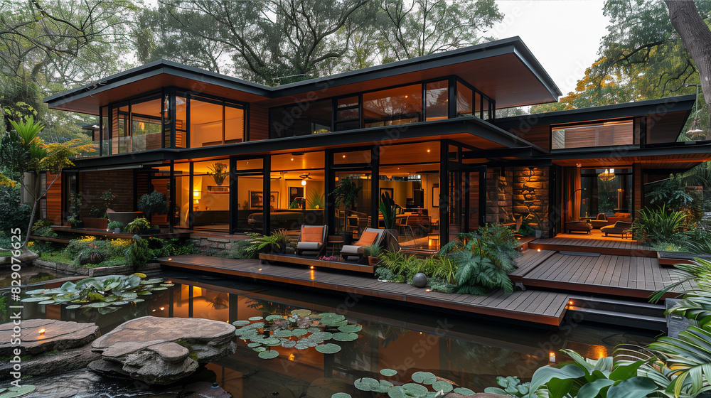 Obraz premium Modern House With Pond and Deck