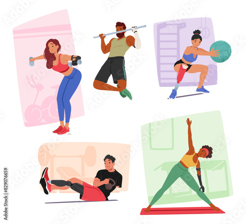 Group Of Disabled Characters Engaged In Various Gym Activities, Promoting Fitness And Inclusivity, Vector Set