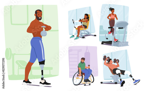 Diverse Characters With Disabilities Actively Engage In Various Gym Exercises, Demonstrating Strength And Resilience