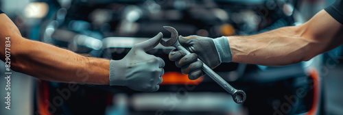 Closeup of a mechanic's hand confidently holding a wrench in a car repair shop.