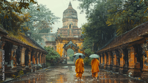 Watercolor paintings of Buddhist monks Was on a pilgrimage to an old temple in Ayutthaya. generative ai photo