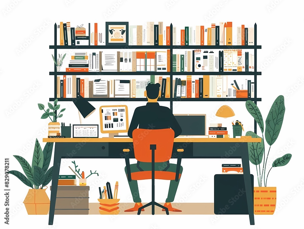 Picture a flat design of a UXUI designer organizing design assets in a library Picture a flat design of a UXUI designer organizing design assets in a library