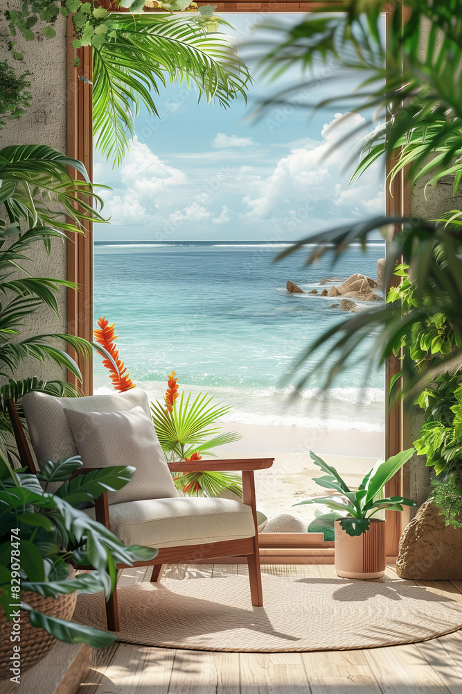 Fototapeta premium 3D image of a resort in a modern interior, armchairs by the window, view overlooking the beach.