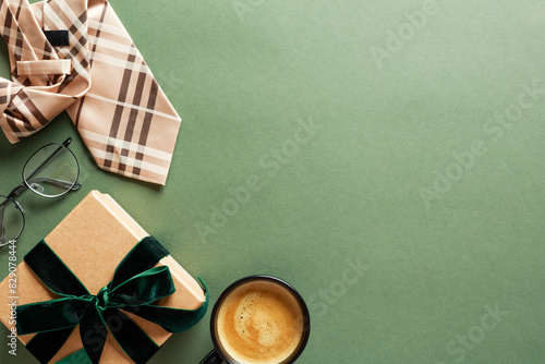 Happy Fathers Day greeting card template. Flat lay composition with gift box, coffee cup, tie, glasses on green background.