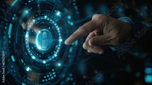 Businessman pioneers fingerprint biometric identity verification, envisioning a cybernetic future.