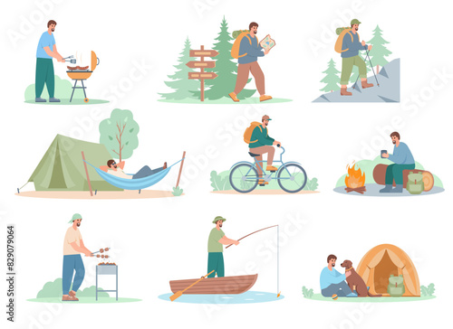 Camping men set. Happy men spending time and relaxing in nature. Summer hobby vector illustrations isolated on white background.