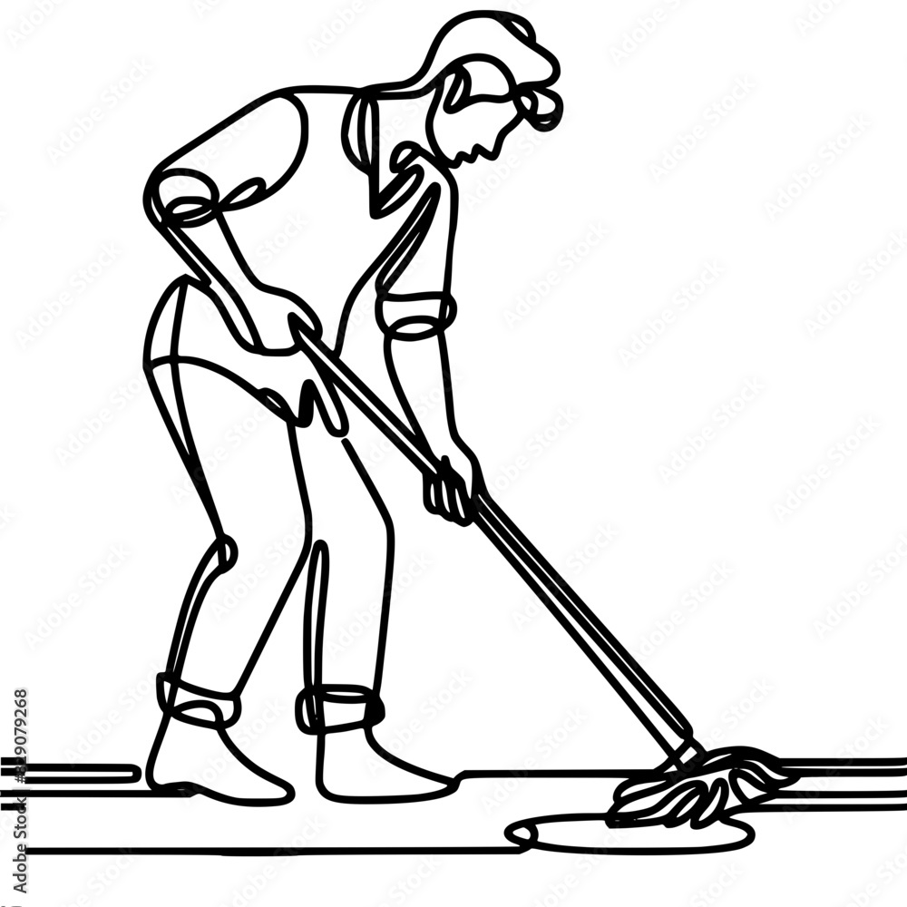 man mopping floors, professional cleaner, housework, one line vector drawing man mopping floors, professional cleaner, housework, one line vector drawing