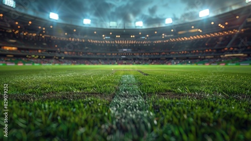 Circular cricket stadium shines brightly at night, showcasing wooden wickets in detailed 3D render series. photo