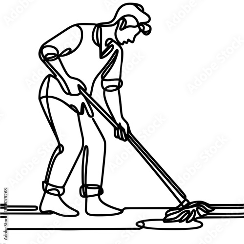 man mopping floors, professional cleaner, housework, one line vector drawing