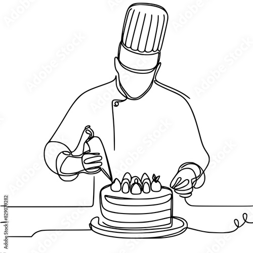 Continuous line drawing of a chef, cook, pastry chef decorating a cake from a pastry syringe, man. One line concept of baking, cooking. Vector illustration