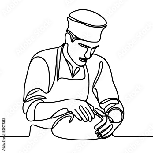 single line vector drawing,male chef, pastry chef, kneading dough for baking 