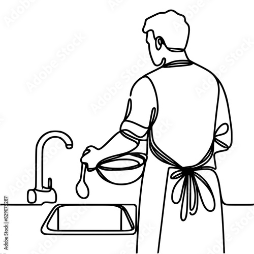 a man in an apron washes dishes with his hands in the kitchen, back view, one line vector drawing