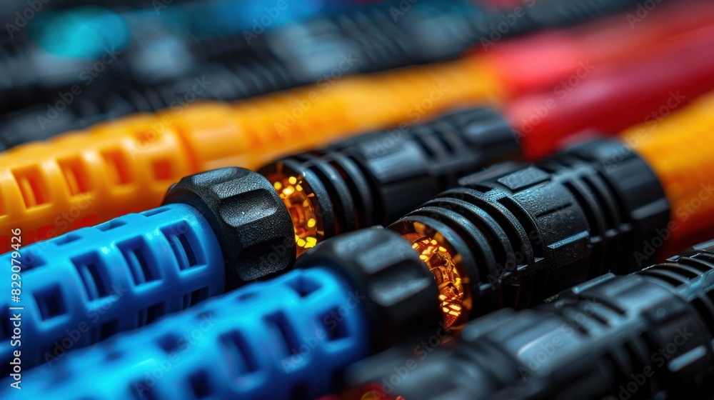 Close-up of single-mode optical patch cords with connectors, showing beveled ends. Close-up of single-mode optical patch cords with connectors, showing beveled ends.