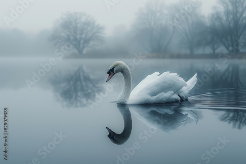 A graceful swan gliding across the surface of a tranquil lake  its reflection mirrored in the still waters. Concept of elegance and serenity in nature. Generative Ai.