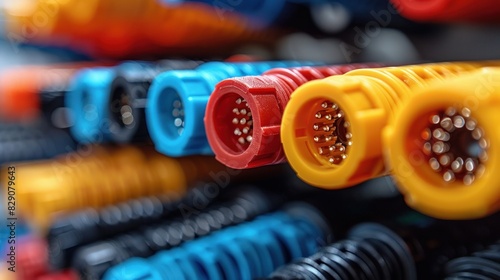 Close-up of single-mode optical patch cords with connectors, showing beveled ends. photo