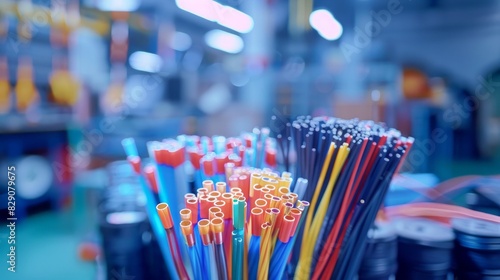 Collection of fiber optic cables with loose tubes, central strength member, water-blocking glass yarn, and ripcord, on a blurry production room background, multimode or single mode. photo