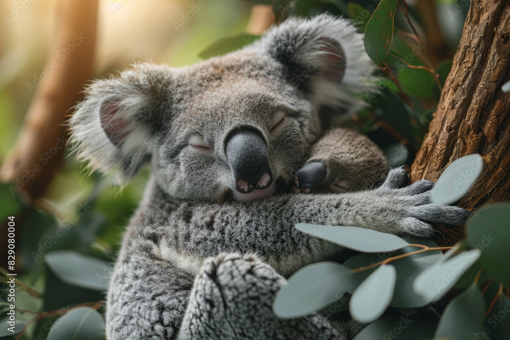 Obraz premium A mother koala cradling her joey in a eucalyptus tree, providing warmth and protection in their leafy sanctuary. Concept of marsupial care and maternal instincts. Generative Ai.