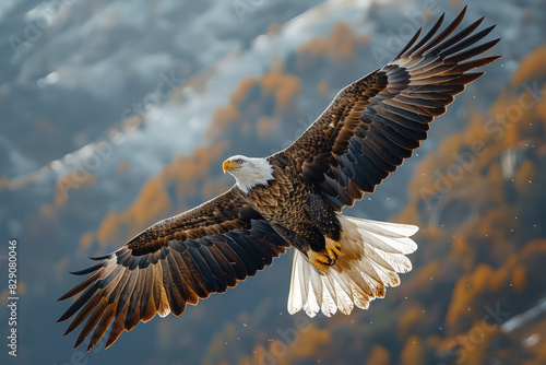 A regal bald eagle soaring high above the rugged cliffs, its keen eyes scanning for prey in the vast expanse below. Concept of avian predators and aerial hunting. Generative Ai.
