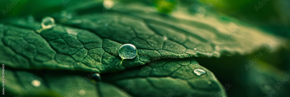 Macro shot of a water droplet on the intricate texture of a green leaf, highlighting the beauty of nature Macro shot of a water droplet on the intricate texture of a green leaf, highlighting the beauty of nature