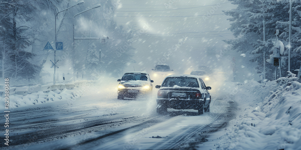 car driving in snow, Snowy city street with parked cars, A traffic on a ...