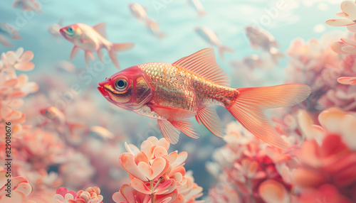 A beautiful goldfish is gracefully swimming in an aquarium adorned with lovely pink flowers © ЮРИЙ ПОЗДНИКОВ