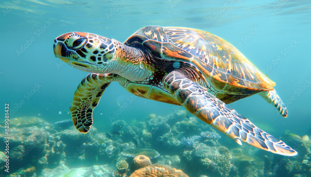 Fototapeta premium A sea turtle gracefully glides through the ocean, adjacent to a colorful coral reef
