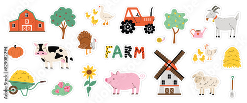 Big vector farm stickers set. Cute cow, goat, lamb, goose, chicken, pig, tractor, hay and mill in hand drawn style. Objects for poster, banner or postcard.