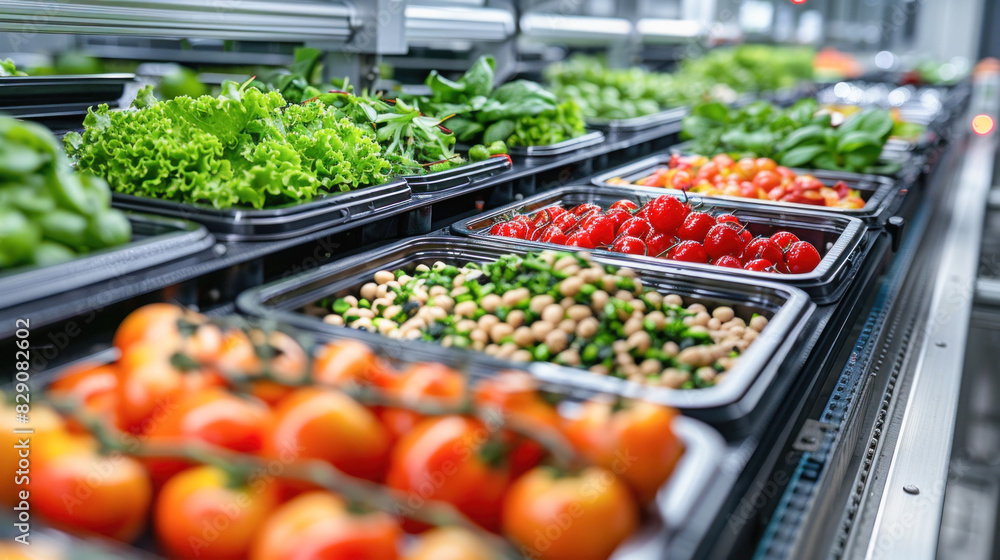 Conveyor belt filled with fresh fruits and vegetables for processing and distribution