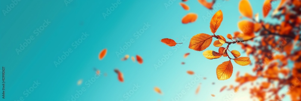 Autumn leaves in the process of falling from a branch against a bright blue sky, depicting change and nature's cycles