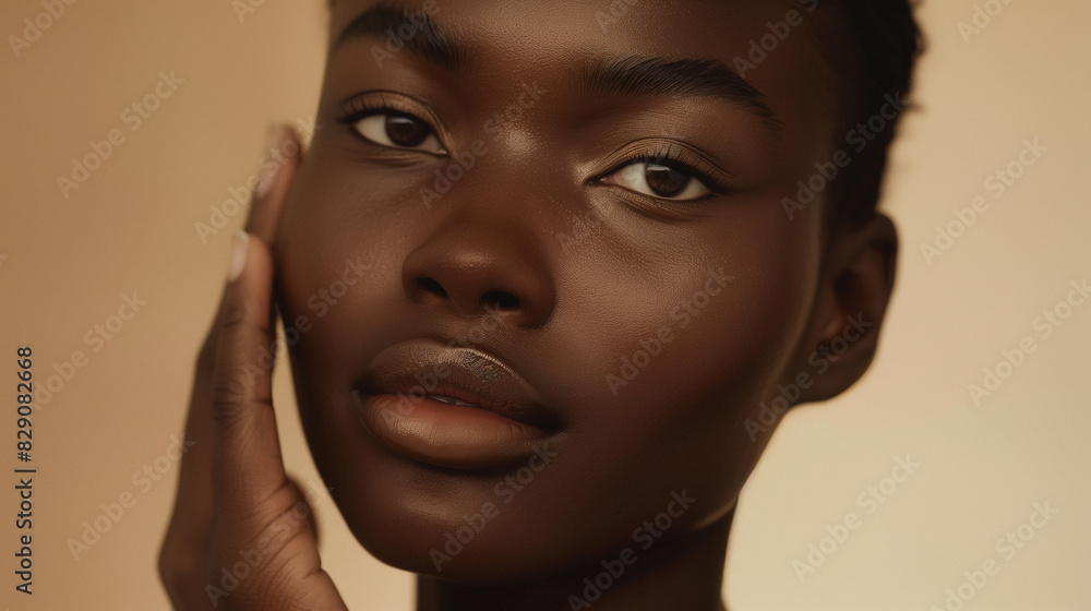 beautiful woman with dark skin, showcasing her natural beauty and smooth complexion. She gently touches her face, set against a soft, neutral background beautiful woman with dark skin, showcasing her natural beauty and smooth complexion. She gently touches her face, set against a soft, neutral background