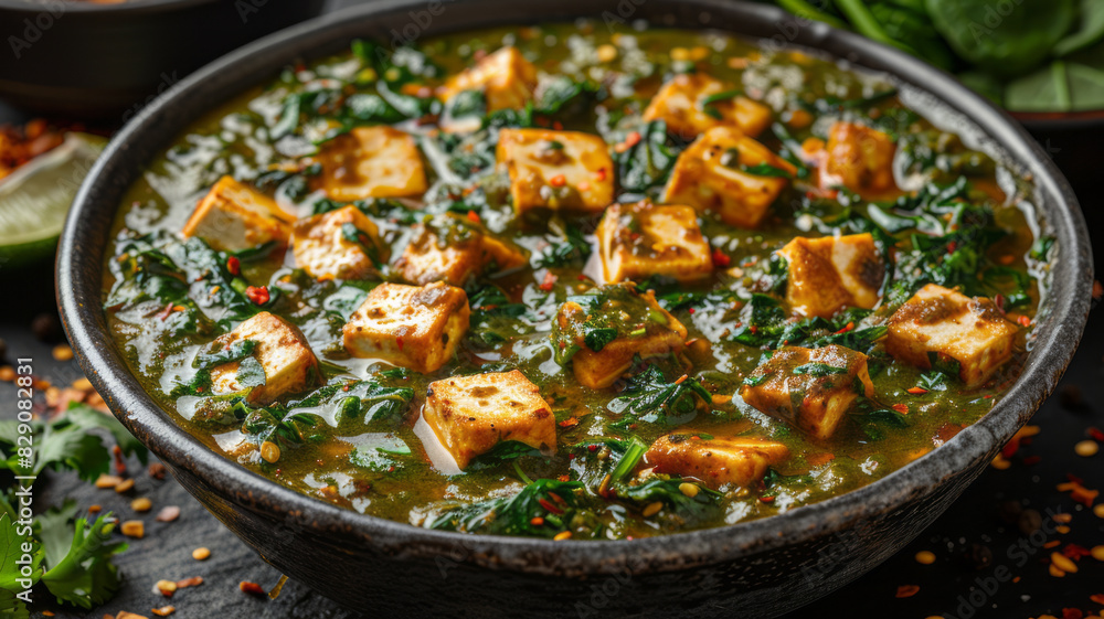 Palak Paneer indian traditional food with cheese and spinach on black background, view from above,generative ai Palak Paneer indian traditional food with cheese and spinach on black background, view from above,generative ai