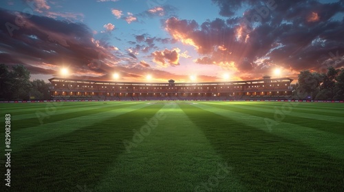 Nighttime perspective of cricket field with stadium lights on, part of modern sports complex in 3D rendering series. photo