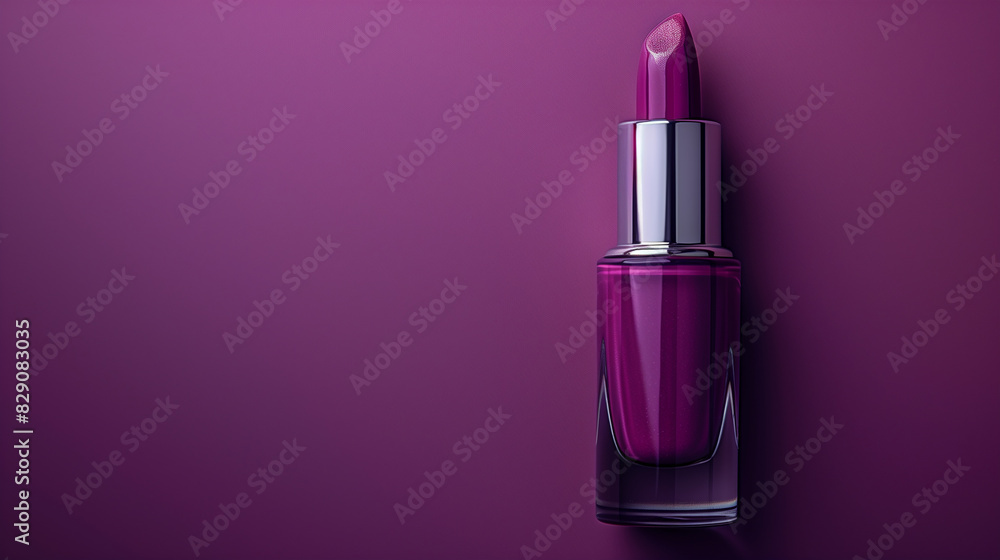 an elegant purple lipstick encased in a sleek, glossy bottle. The lipstick's vibrant color is accentuated against a matching purple background, showcasing its luxurious appeal. an elegant purple lipstick encased in a sleek, glossy bottle. The lipstick's vibrant color is accentuated against a matching purple background, showcasing its luxurious appeal.